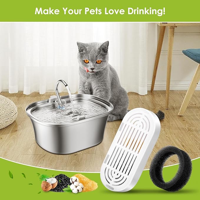 Cat Water Fountain Filters, 3 Pack Replacement Filters & Replacement Pre-Filter Sponges for Stainless Steel Pet Fountain with Water Level Window, Fountain Carbon Filters for Dog Water Dispenser Bowl-Mewly Pet