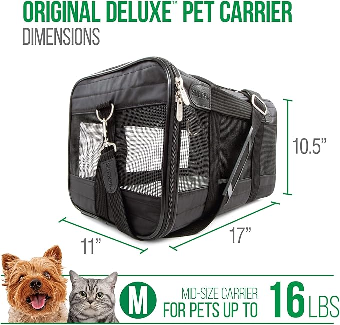 Sherpa Original Deluxe Travel Pet Carrier, Airline Approved & Guaranteed On Board - Black, Medium-Mewly Pet