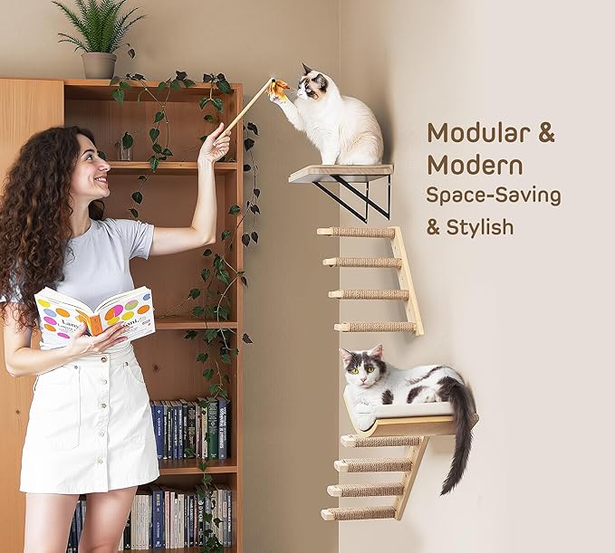 Cat Wall Shelf with Curved Hammock Bed, Wall Mounted Cat Perch with Beige Soft Foam Cushion, Floating Wall Furniture for Climbing, Sleeping & Lounging-Mewly Pet
