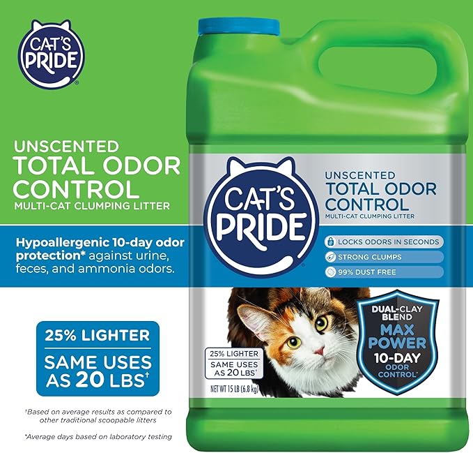Cat's Pride Max Power: Total Odor Control - Up to 10 Days of Powerful Odor Control - Strong Clumping - Hypoallergenic - 99% Dust Free - Multi-Cat Litter, Unscented, 15 Pounds-Mewly Pet