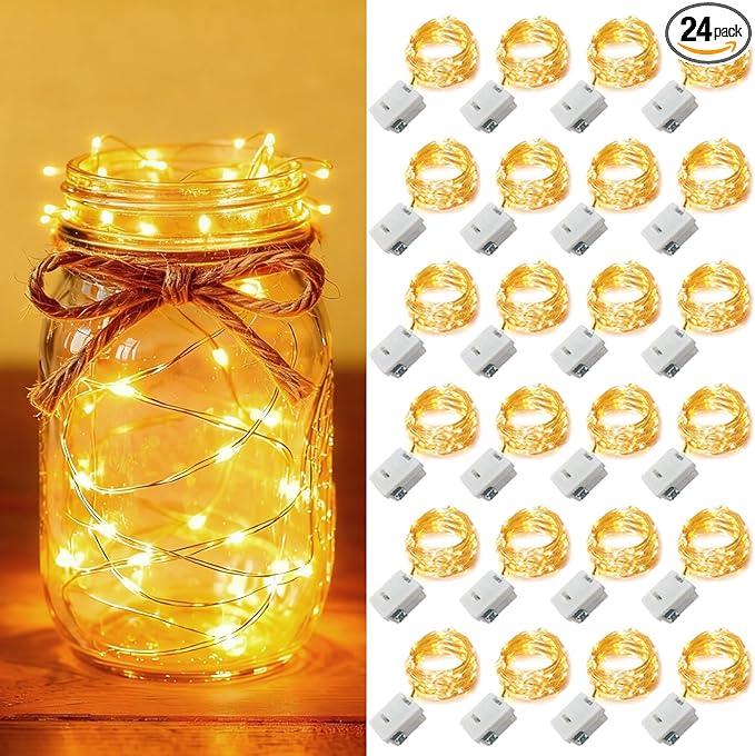 24 Pack Fairy Lights Battery Operated [3 Modes] 7ft 20 LED Mini Twinkle String Lights Waterproof Silver Wire Firefly Starry Lights for Wedding Party Mason Jars Christmas Decorations, Warm White