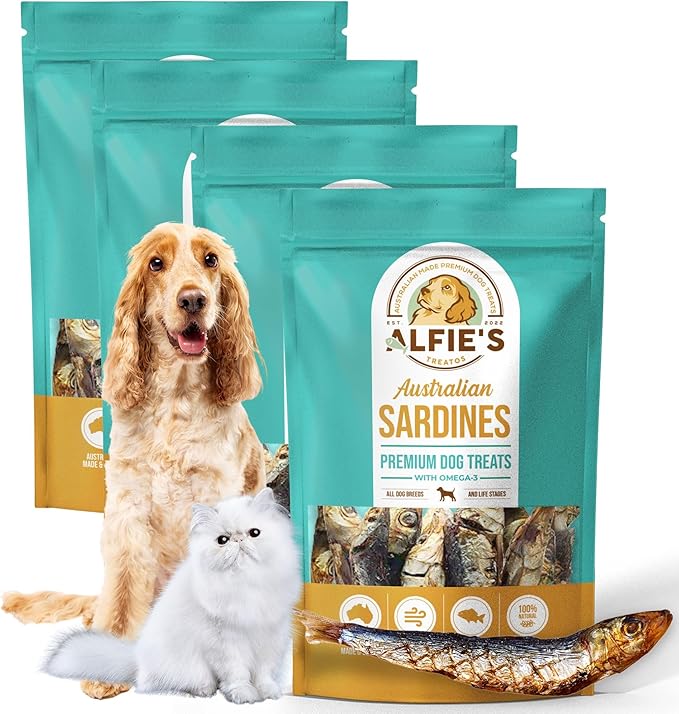 ALFIE'S TREATOS Sardines for Dogs & Cats (10.6 oz, 4x2.65 oz), Bulk Bundle, Air-Dried Fish Dog Treats, Omega-3 Food Topper, Single Ingredient, Australian Wild-Caught, Freeze-Dried Alternative-Mewly Pet