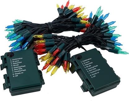 Blissun Christmas Lights, 50-Count Green Wire Light Set, Battery Operated Christmas Mini String Light with 8 Modes, 16 ft Fairy Lights for Christmas Tree Wreath Decorations (2 Pack, Multicolor)