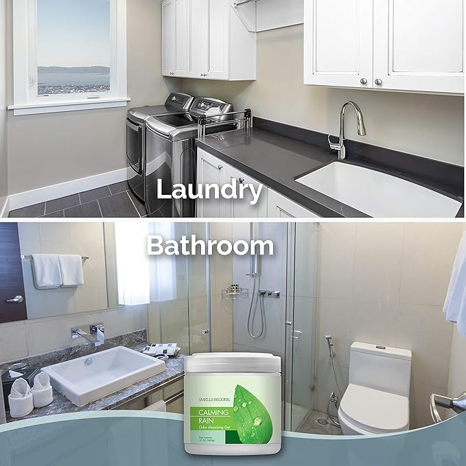 SMELLS BEGONE Air Freshener Odor Absorber Gel - 15 oz, Pack of 2 - Absorbs and Eliminates Odor in Pet Areas, Bathrooms, Cars, & Boats - Made with Essential Oils - Calming Rain Scent-Mewly Pet