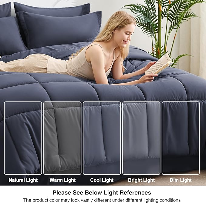 Love's cabin Queen Comforter Set Indigo Blue, 7 Pieces Queen Bed in a Bag, All Season Bedding Sets with 1 Comforter, 1 Flat Sheet, 1 Fitted Sheet, 2 Pillowcase and 2 Pillow Sham