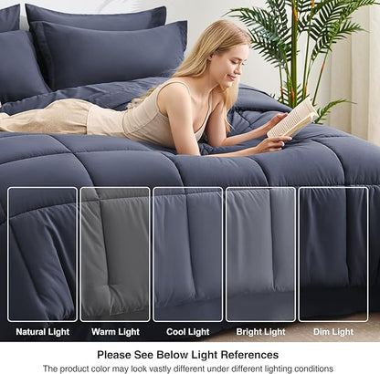 Love's cabin King Size Comforter Set Indigo Blue, 7 Pieces King Bed in a Bag, All Season Bedding Sets with 1 Comforter, 1 Flat Sheet, 1 Fitted Sheet, 2 Pillowcase and 2 Pillow Sham