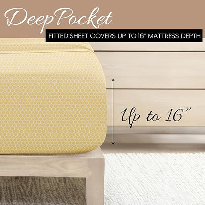 Linen Market Double-Brushed Patterned Microfiber Queen Sheet Set 4 Piece – Oeko-TEX Certified Ultra Soft & Wrinkle-Free - 16" Deep Pocket Sheets - Easy Care Queen Size - Honeycomb Yellow