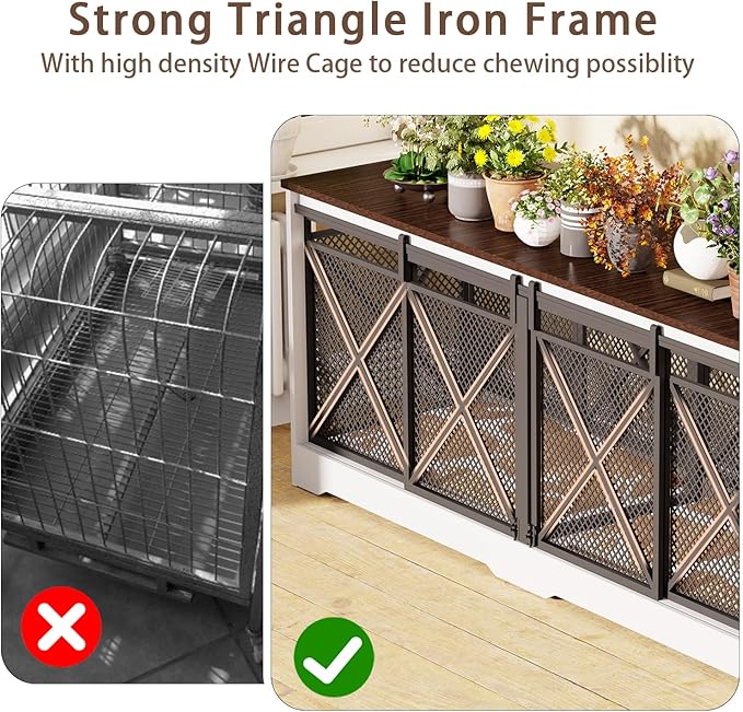 COZPAW 78 Inch Double Dog Crate Furniture, Extra Large Dog Kennel Indoor for Medium Large 2 Dogs, Heavy Duty Dog Cage Chew-Resistant Steel and Wooden Pet House with Removable Divider (White Brown)-Mewly Pet