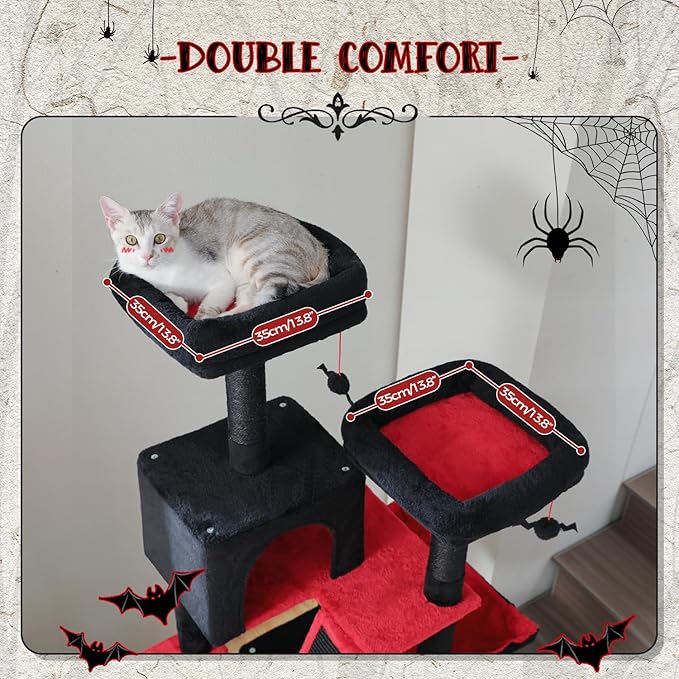 PAWZ Road 70 Inch Cat Tower, Gothic Cat Tree with 2 Cozy Condos, 2 Plush Perch, Large Basket, 2 Scraching Pad & 6 Scraching Posts for Indoor Cats Large Adult-Mewly Pet