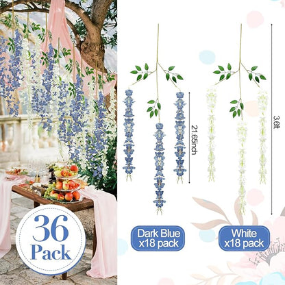Giegxin 36 Pcs Artificial Wisteria Hanging Flowers 3.6 ft Artificial Fake Wisteria Vine Rattan Hanging Garland Silk Flowers String for Wall Home Wedding Party Greenery Decorations (Blue,White)