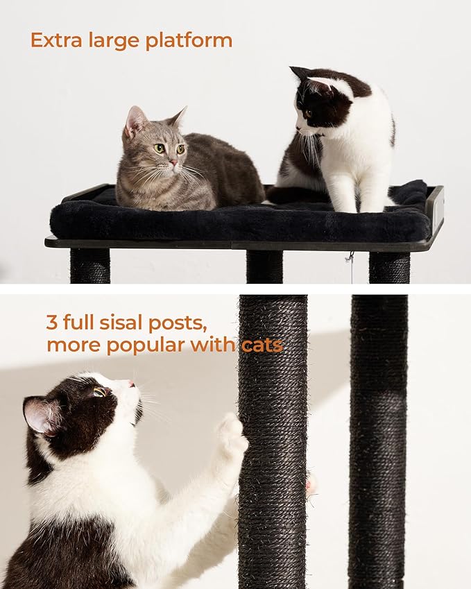 FourFurPets 26.7in Cat Tree Tower Condo, Cat Scratch Posts for Indoor Cats, Big Plate, Three 23.6in Full Sisal Scratching Posts, Black-Mewly Pet