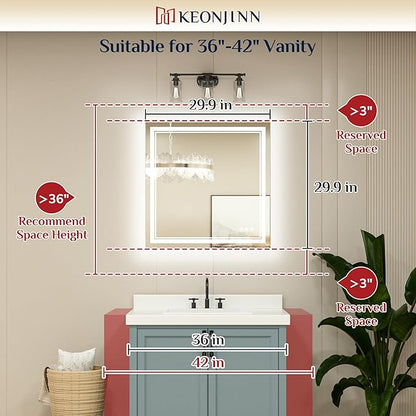 Keonjinn Bathroom LED Mirror 30 x 30 Inch Frontlit and Backlit, Tempered Glass Stepless 3 Colors Temperature & Dimmable Square Wall Mirror, UL Listed LED Driver, Double LED Strips, Anti-Fog