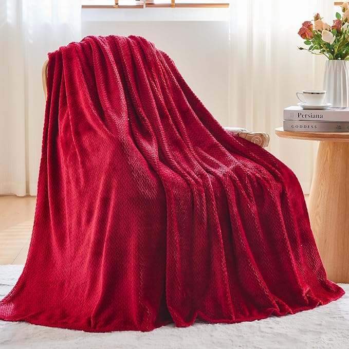 NEWCOSPLAY Super Soft Twin Blanket Red Premium Silky Flannel Fleece Leaves Pattern Lightweight Bed Blanket All Season Use (Red, Twin(60"x80"))