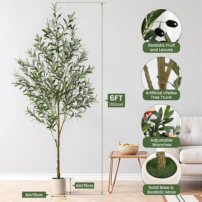 Alupssuc 6FT Artificial Olive Trees, Faux Silk Plant with Lively Artificial Trunk and Lifelike Fruits, Indoor Fake Potted Tree with White Planter for Modern Home Office Living Room Decor