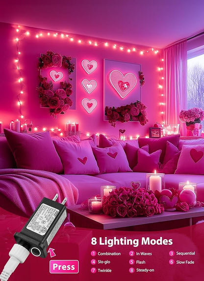 Pink Christmas Mini Lights, 39Feet 100 LED Pink String Light with 8 Lighting Modes, Connectable Valentine's Lights for Indoor Outdoor Valentine's Day Garland Wreath Holiday Decoration, White Wire