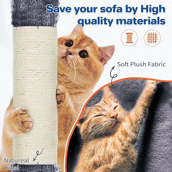 Cat Tree Tower 63in Multi-Level Cat Tower for Indoor Cats with Sisal Scratching Posts, Condo, Hammock, Dangling Ball and Extended Platform for Cats to Play, Dark Grey-Mewly Pet