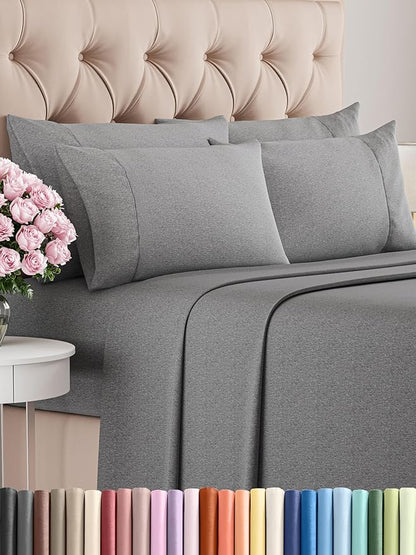 King 6 Piece Sheet Set - Comfy Breathable & Cooling - Soft Hotel Luxury Bedding Set with 8-16 Inch Deep Pockets - 1 Flat & 1 Fitted Sheet & 4 Pillowcases - Wrinkle Free & Easy Care - Heathered Grey