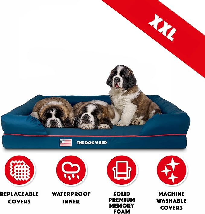 The Dog’s Bed, XXL Blue Oxford with Red Trim USA Flag Dog Bed 51.5x39, Memory Foam, Pain Relief: Arthritis, Post Surgery, Lameness, Supportive, Calming, Waterproof Washable Cover, Veterinary Approved-Mewly Pet
