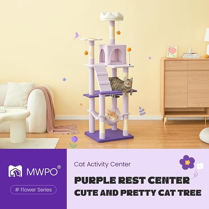 MWPO Flower Cat Tree for Indoor Cats, 63.8 Inches Multi-Level Cat Tower with Sisal-Covered Scratching Posts, Padded Platform, Hammock, Dangling Toys, Stable Cat Condo Pet Play House-Mewly Pet