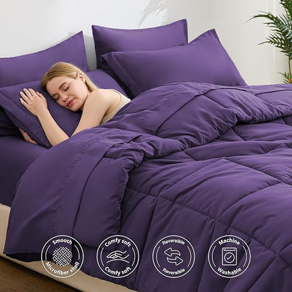 Love's cabin Twin XL Comforter Set Dark Purple, 5 Pieces Twin XL Bed in a Bag, All Season Bedding Sets with 1 Comforter, 1 Flat Sheet, 1 Fitted Sheet, 1 Pillowcase and 1 Pillow Sham