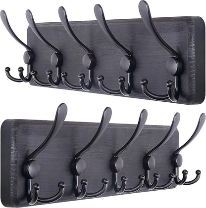 SKOLOO Coat Rack Wall Mounted - Pack of 2, Wooden, Heavy Duty, Rustic Coat Hooks for Wall, 16'' Hole to Hole, Wall Coat Rack with 5 Triple Hooks for Hanging Clothes, Jacket, Hat(Black)