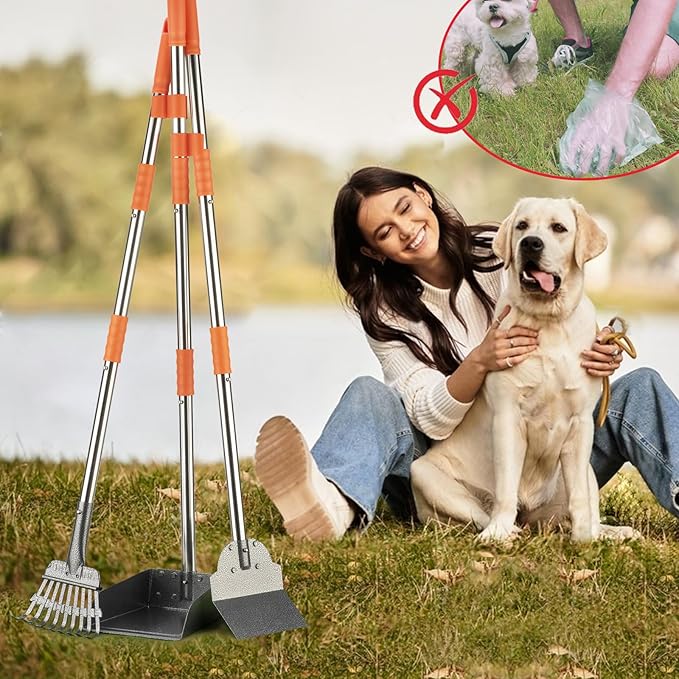 TIMINGILA Pooper Scooper Dog Pooper Scooper Long Handle Stainless Metal Tray Rake Spade Set for Large Medium Small Dogs Easy to Clean Pet Waste Use for Yard, Grass, Dirt or Gravel - Pet Supplies-Mewly Pet