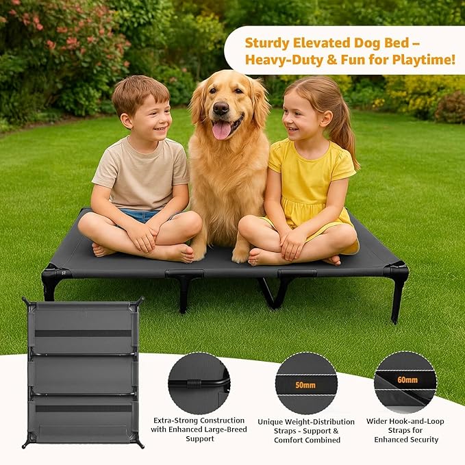 Canvas Elevated Dog Bed, Durable Chew Proof Outdoor Raised Pet Cot for Extra Large Dogs, Waterproof, Breathable, Portable, Washable, Easy Assembly, Sturdy Frame for Camping & Travel, Dark Grey-Mewly Pet