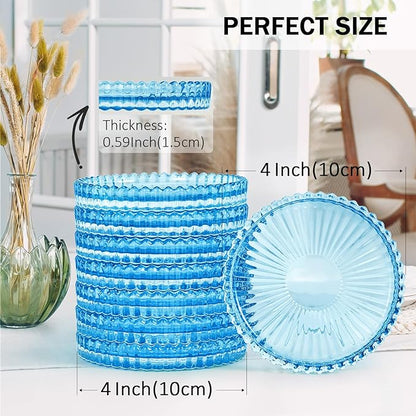 Glass Candle Holders, GOH DODD Set of 8 Crystal Pillar Plates Modern Coasters for Drinks, Centerpiece, Home Decor, Kitchen, Living Room, Patio, Wedding, Halloween, Christmas, Party, Clear Blue