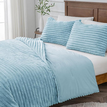 BEDELITE Fleece Queen Comforter Set -Super Soft & Warm Fluffy Light Blue Bedding, Luxury Fuzzy Heavy Bed Set for Winter with 2 Pillow Cases