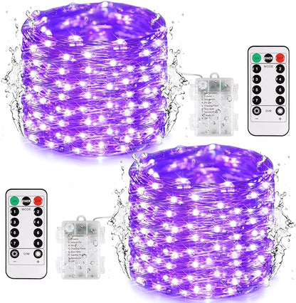 JMEXSUSS 2 Pack Christmas Fairy Lights Battery Operated, Total 400 LED 132ft Purple Christmas String Lights Indoor with Remote, 8 Modes Copper Wire Twinkle Lights for Bedroom Wall Tree Decor