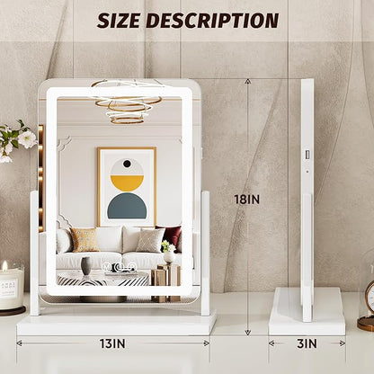 Vanity Mirror with Lights, 18"x13" Hollywood Lighted Makeup Mirror for Tabletop & Bedroom 3 Color Lighting Modes Smart Touch Control 360° Rotation Detachable