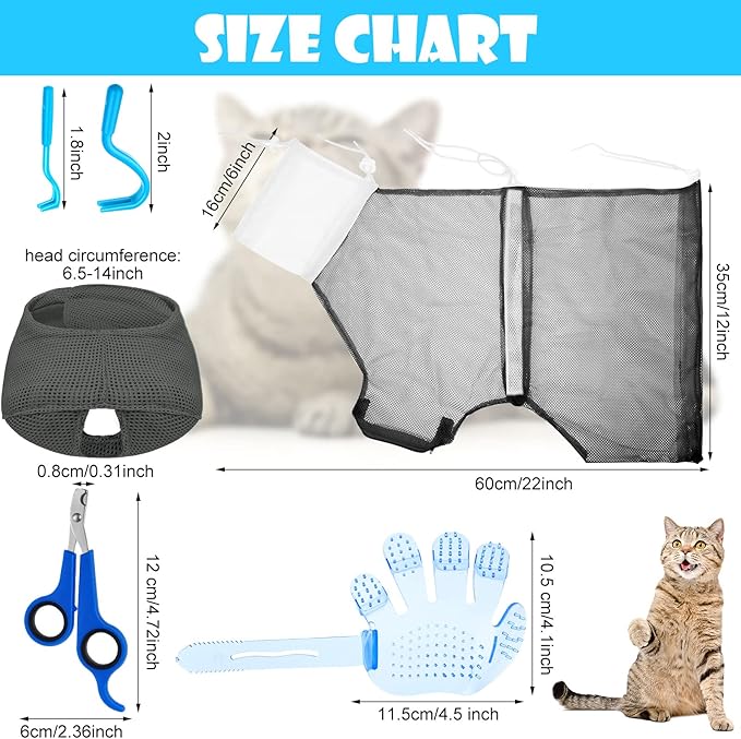 Patelai 5 Pcs Cat Bathing Bag Set Cat Grooming Bag Adjustable Pet Shower Net Muzzles Nail Clipper Tick Remover Tool Massage Brush(Grey-White)-Mewly Pet