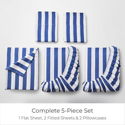 Mellanni Split King Sheets Set - 5 PC Iconic Collection Bedding - Hotel Luxury, Extra Soft, Cooling Bed Sheets - Wrinkle, Fade, Stain Resistant (Split King, Oxford Stripe Blue Nova)
