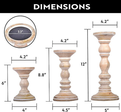Mela Artisans Wooden Pillar Candle Holders | Willow Design | Set of 3 Mango Wood Candlesticks | Whitewash | Sizes 6" & 9" &12" | Table Decor | Centerpiece | Mantel | Wedding | Living Room Decor