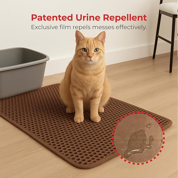 Small Cat Litter Trapper by iPrimio - Litter Mat, EZ Clean Cat Mat, Litter Box Mat Water Proof Layer and Puppy Pad Option. Patented (23"x21" Brown)-Mewly Pet
