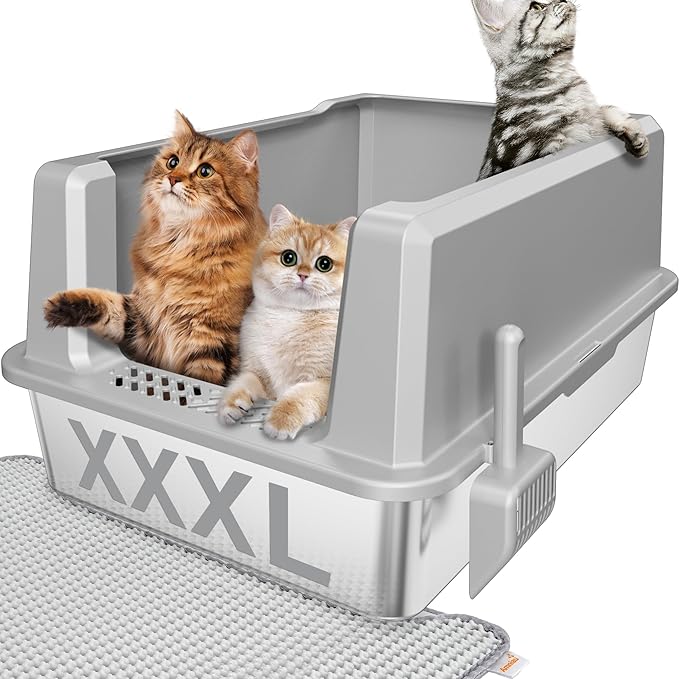 Stainless Steel Jumbo Open Cat Litter Box, XXXL 28"x20.5"x14" for Large Cats & Multi-Cat Households, Anti-Leakage High Walls & Non-Slip Base, Non-Sticky, Easy Clean Durable Metal Litter Pan-Mewly Pet