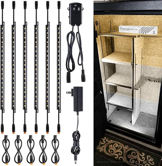 TORCHSTAR LED Safe Lighting Kit 3CCT, (6) 12 Inch Linkable Light Bars, Motion Sensor, 3000K/4000K/5000K Selectable, 900LM Safe Light Kit for Gun Safe Under Cabinet Locker Closet, UL Power Adapter