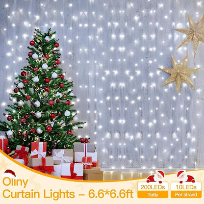 Ollny Curtain Lights 6.6x6.6ft, 200 LED White Christmas Lights with Remote 8 Modes Dimmable Timer, USB Power String Light for Bedroom Backdrop Indoor Window Wedding Decorations
