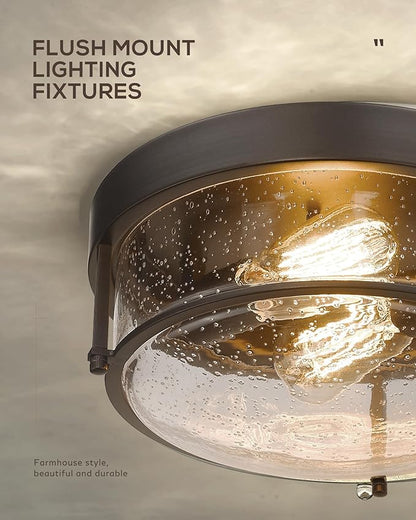 FEMILA Flush Mount Light Fixture, 12" Ceiling Light Fixtures, Farmhouse Porch Ceiling Lighting Outdoor, Oil Rubbed Bronze with Seeded Glass Shade,4FTJ22-F ORB