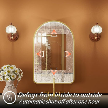 20x30 Inch Arched LED Bathroom Mirror with Lights, Adjustable 3000K/4500K/6000K, Wall Mounted Gold Frame Lighted Bathroom Vanity Mirror, Anti-Fog, Dimmable, Memory Function