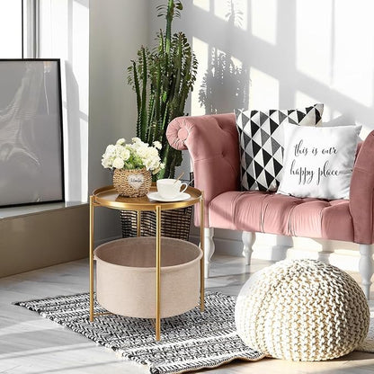 danpinera Round Side Table with Fabric Storage Basket, Metal Side Small Bedside Table Nightstand with Removable Tray Top for Living Room, Bedroom, Nursery, Bathroom, Gold
