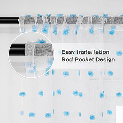 MYSKY HOME Light Blue Pom Pom Sheer Curtains for Girls Bedroom - 45 Inch, Light Filtering, Nursery, Kids Room, Rod Pocket, Cafe Style, Small Window Panels, 52 x 54 in, Set of 2