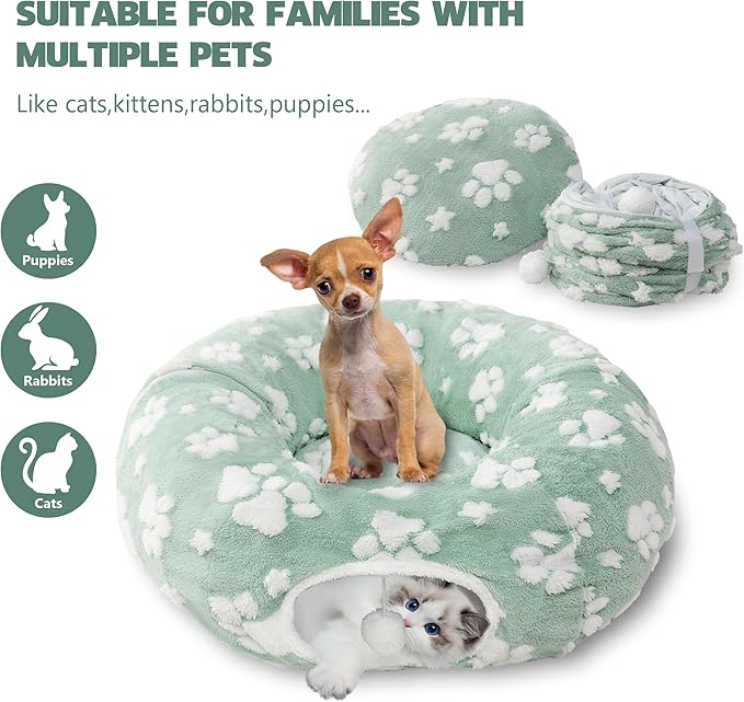 Cat Tunnel for Indoor Cats, Cute Peekaboo Cave with Dangling Balls, Pet Donut Tunnel Bed with Circle Mat for Puppy Kitten Rabbit, Green-Mewly Pet
