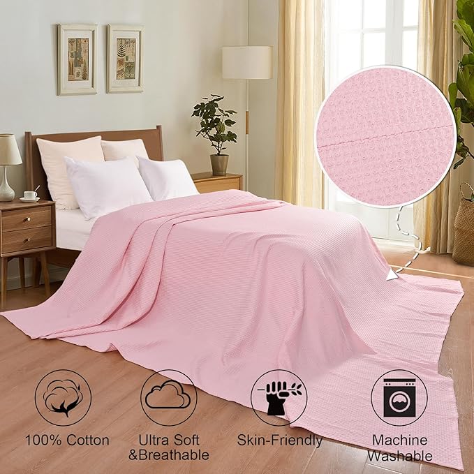 PHF Pre-Washed Cotton Waffle Weave Family Blanket,Oversized King Size 120"x 120"-Snag Proof Lightweight Breathable, 10'x 10' Huge Extra Large Big-Elegant Aesthetic Home Decoration Gift,Pink