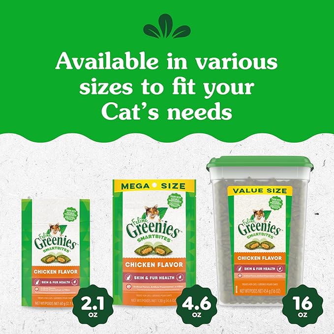 Greenies Feline Smartbites Skin & Fur Health Crunchy and Soft Cat Treats, Chicken Flavor, 16 oz. Tub-Mewly Pet