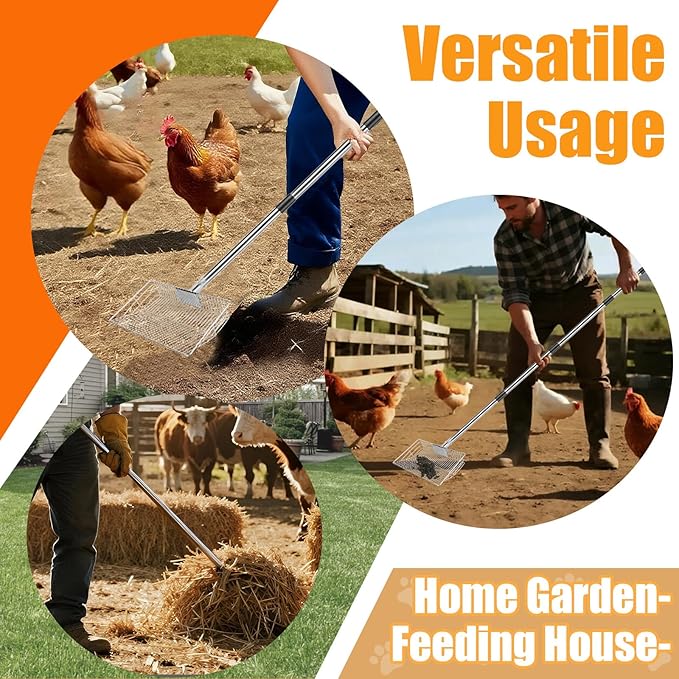 Chicken Poop Scooper with Stainless Steel Handle,24" to 68" Adjustable Length Chicken Coop Litter Scoop,4 in 1 Multifunctional Heavy Duty Litter Sifting Shovel Chicken Coop Accessories-Mewly Pet