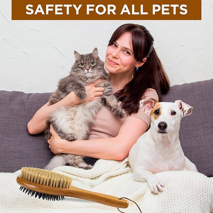 TAKAVU Short Hair Dog & Cat Deshedding Brush - Double Sided Grooming Tool with Silicone Massage & Bristle Sides - Removes Loose Fur & Dirt - Wood Handle-Mewly Pet