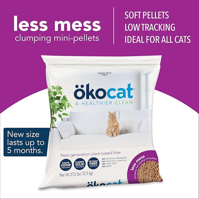 ökocat Less Mess Low Tracking Wood Clumping Cat Litter Mini- Pellets, Unscented, 27.5 pounds XL - Natural Ingredients, Stops Odor, Clumps Solid, 99% Dust Free, Great for Long-Hair Breeds-Mewly Pet