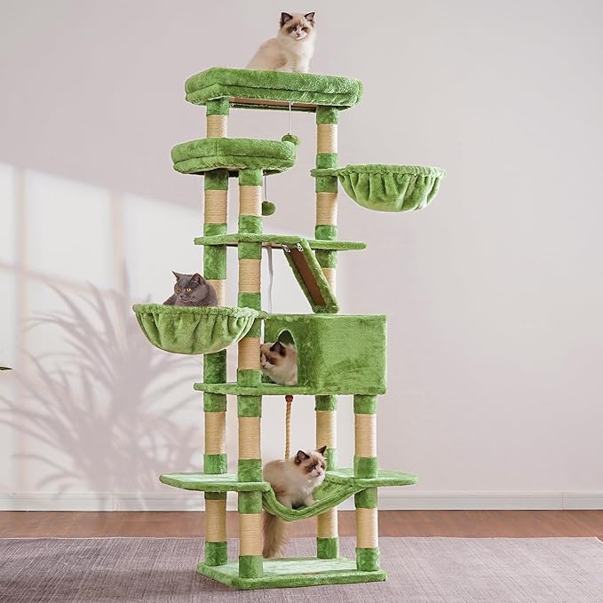 Heybly Cat Tree, 68 inch Multi-Level Cat Tower for Indoor Cats, 2 Widened Plush Perches Cat Condo with Scratching Board and Big Caves, Green HCT025GR-Mewly Pet