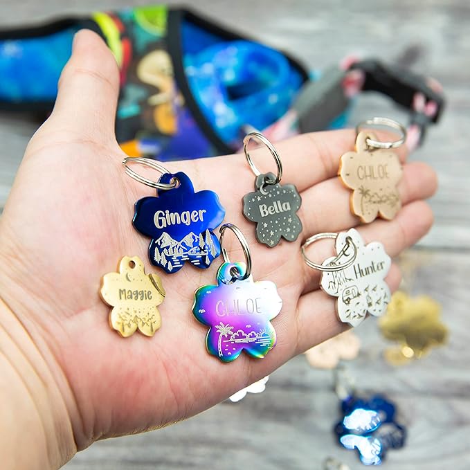 Personalized Dog Tag with 5 Lines of Custom Deep Engraved Durable Stainless Steel Pet ID Name Tag Designer Regular Size Flower-Mewly Pet